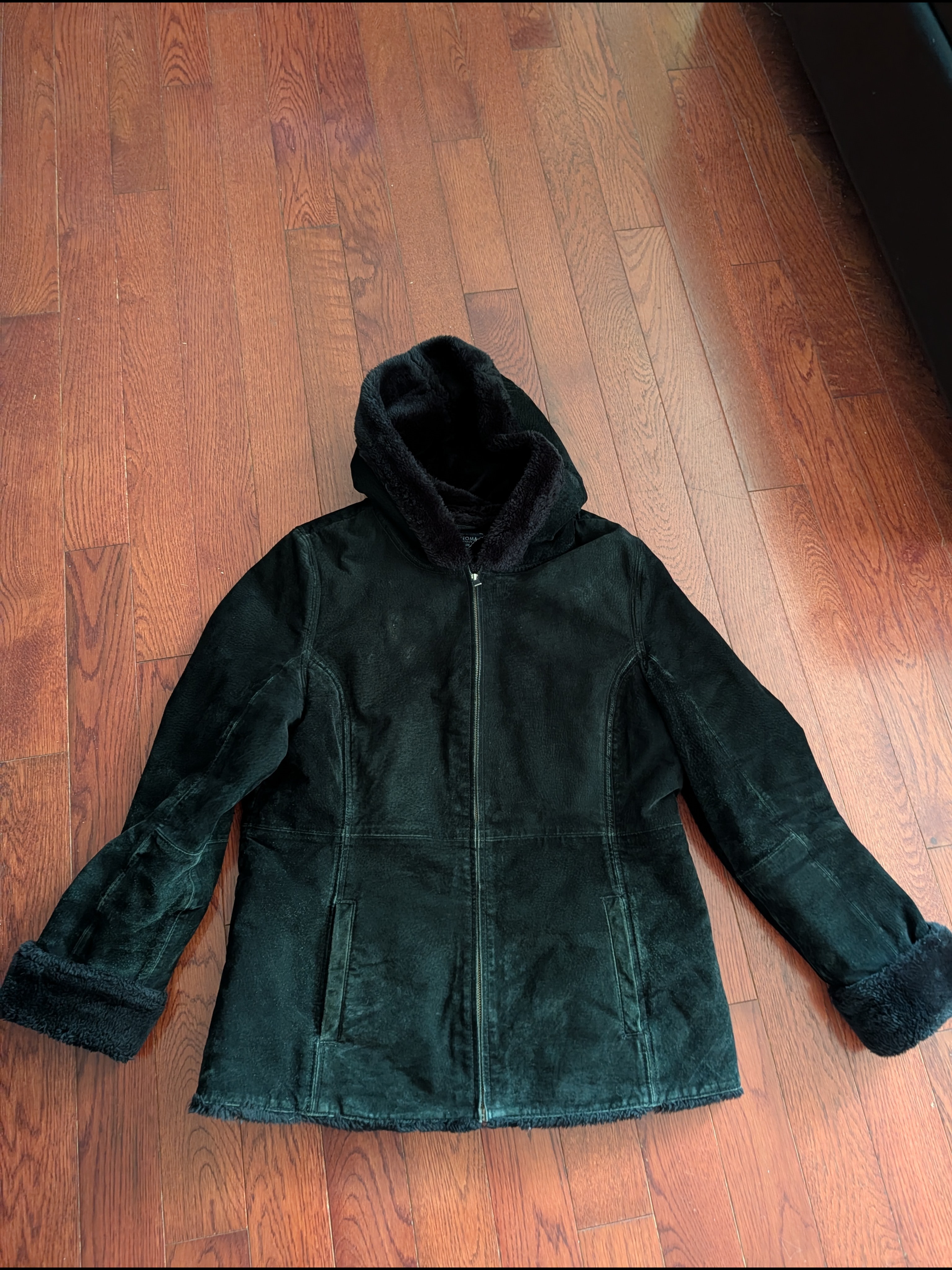 Sonoma Black Hooded Leather Jacket With Plush Trim